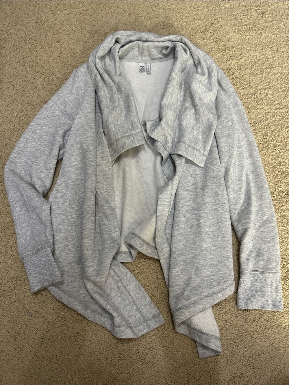 Zella Light Gray Draped Open-Front Cardigan with Optional Single Button Closure